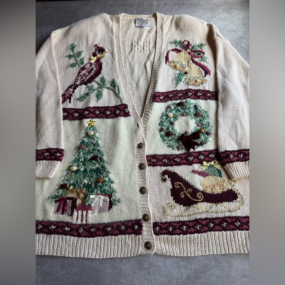 Marisa Christina Cream Cardigan with Festive Design